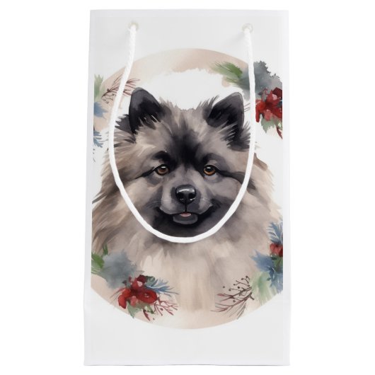 Keeshond Kerstkrans Feestelijke Pup Klein Cadeauzakje (Voorkant)