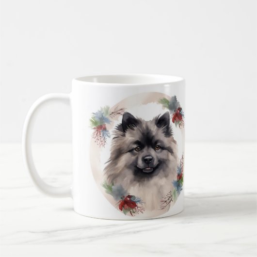 Keeshond Kerstkrans Feestelijke Pup Koffiemok (Links)