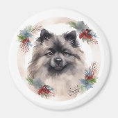 Keeshond Kerstkrans Feestelijke Pup Magneet (Voorkant)