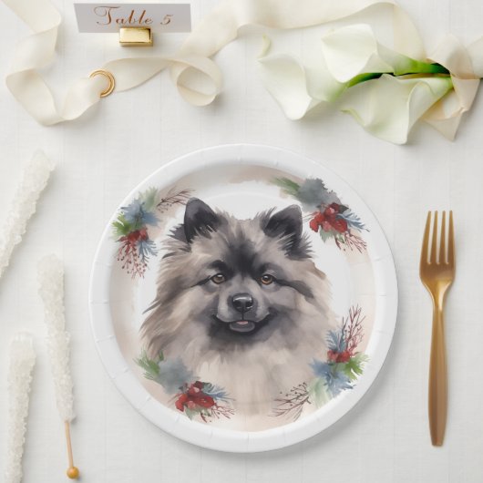 Keeshond Kerstkrans Feestelijke Pup Papieren Bordje (Huwelijk)