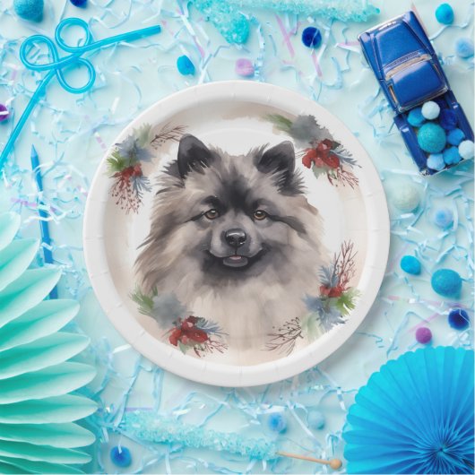 Keeshond Kerstkrans Feestelijke Pup Papieren Bordje (Feest)