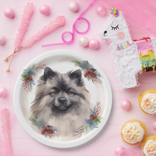 Keeshond Kerstkrans Feestelijke Pup Papieren Bordje (Feest)