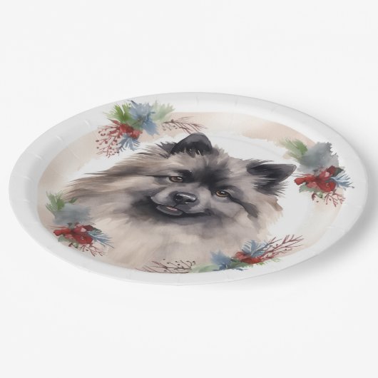 Keeshond Kerstkrans Feestelijke Pup Papieren Bordje (Gekanteld)