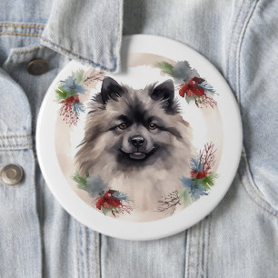 Keeshond Kerstkrans Feestelijke Pup Ronde Button 6,0 Cm