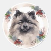 Keeshond Kerstkrans Feestelijke Pup Ronde Sticker (Voorkant)