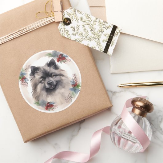 Keeshond Kerstkrans Feestelijke Pup Ronde Sticker (Geschenken)