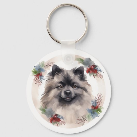 Keeshond Kerstkrans Feestelijke Pup Sleutelhanger (Voorkant)
