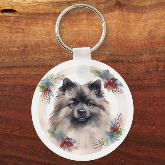 Keeshond Kerstkrans Feestelijke Pup Sleutelhanger (Voorkant)