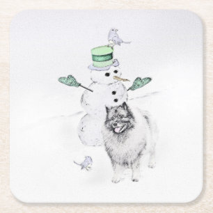 Keeshond Kerstmis Snowman Painting Dog Art Kartonnen Onderzetters