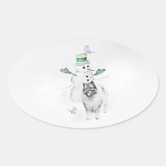 Keeshond Kerstmis Snowman Painting Dog Art Ovale Sticker (Voorkant)