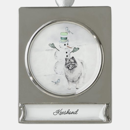 Keeshond Kerstmis Snowman Painting Dog Art Verzilverd Banner Ornament (Voorkant)