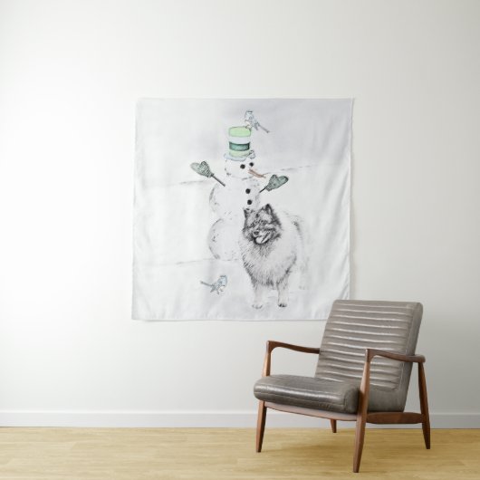 Keeshond Kerstmis Snowman Painting Dog Art Wandkleed (In Situ (horizontaal))