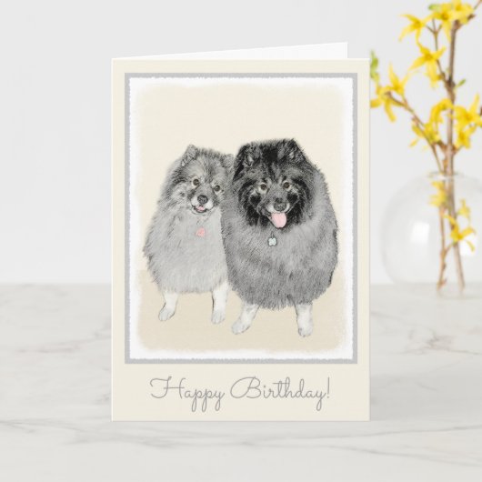 Keeshond Ma en Son Painting - Original Dog Art Kaart (Gele Bloem)