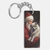 Keeshond met Kerstman Feestelijke Kerst Sleutelhanger (Voorkant Links)
