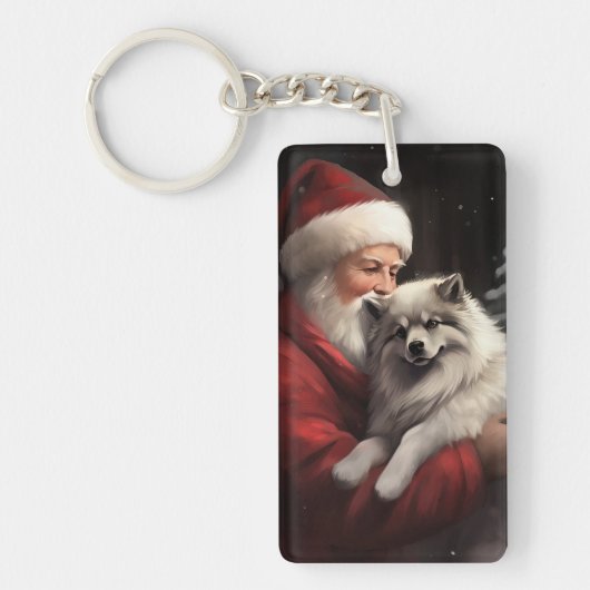 Keeshond met Kerstman Feestelijke Kerst Sleutelhanger (Voorkant)