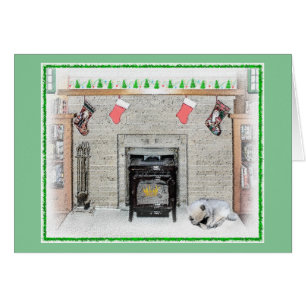 Keeshond met Kerstmis Puppy Dog met Fireplace Pain