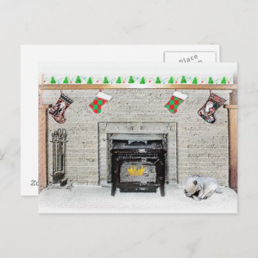 Keeshond met Kerstmis Puppy Dog met Fireplace Pain Briefkaart (Voorkant / Achterkant)