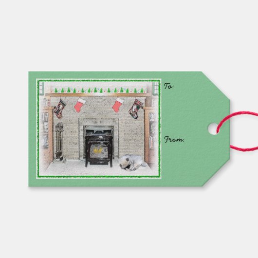 Keeshond met Kerstmis Puppy Dog met Fireplace Pain Cadeaulabel (Voorkant (Horizontaal))