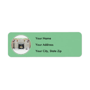 Keeshond met Kerstmis Puppy Dog met Fireplace Pain Etiket