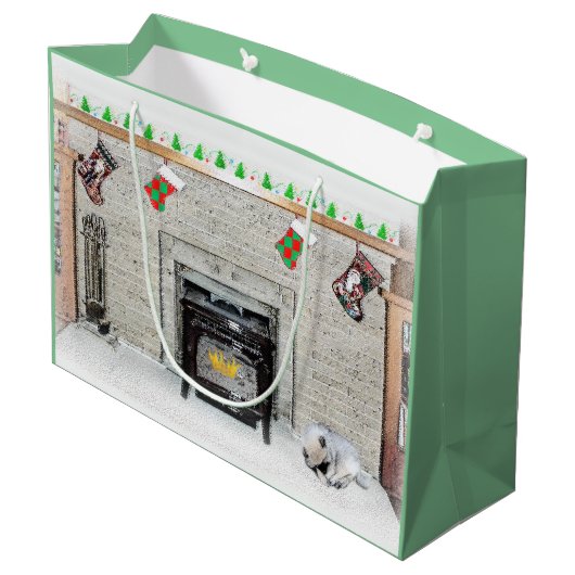 Keeshond met Kerstmis Puppy Dog met Fireplace Pain Groot Cadeauzakje (Achterkant Gekanteld)