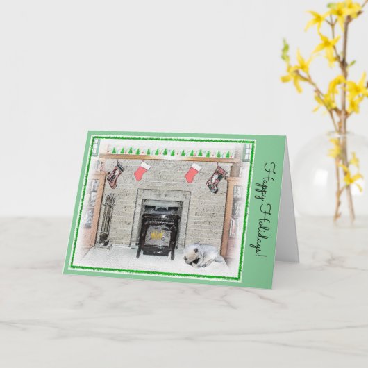Keeshond met Kerstmis Puppy Dog met Fireplace Pain Kaart (Gele Bloem)