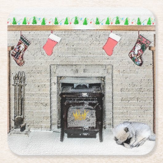 Keeshond met Kerstmis Puppy Dog met Fireplace Pain Kartonnen Onderzetters (Voorkant)
