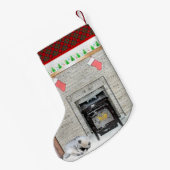 Keeshond met Kerstmis Puppy Dog met Fireplace Pain Kleine Kerstsok (Achterkant (Hangend))