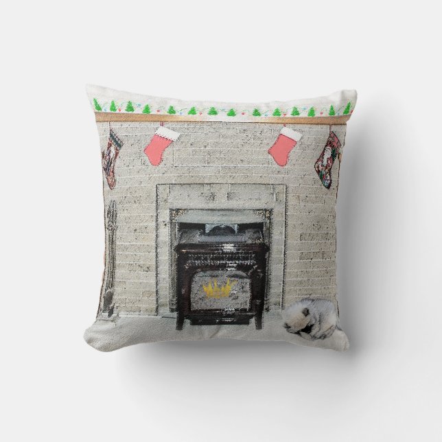 Keeshond met Kerstmis Puppy Dog met Fireplace Pain Kussen (Voorkant)