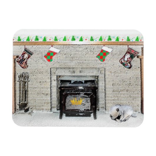 Keeshond met Kerstmis Puppy Dog met Fireplace Pain Magneet (Horizontaal)