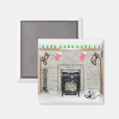 Keeshond met Kerstmis Puppy Dog met Fireplace Pain Magneet (Voorkant / Achterkant)