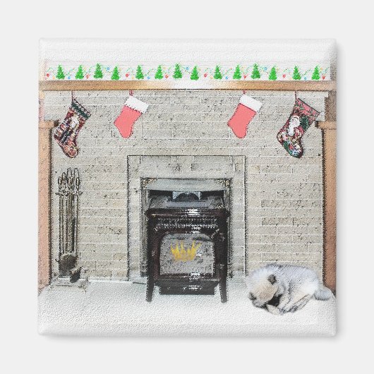 Keeshond met Kerstmis Puppy Dog met Fireplace Pain Magneet (Voorkant)