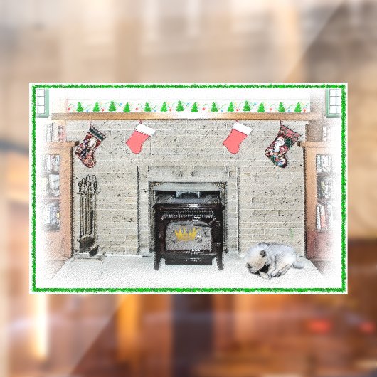 Keeshond met Kerstmis Puppy Dog met Fireplace Pain Raamsticker (Vel 2)
