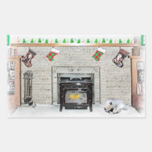 Keeshond met Kerstmis Puppy Dog met Fireplace Pain Rechthoekige Sticker