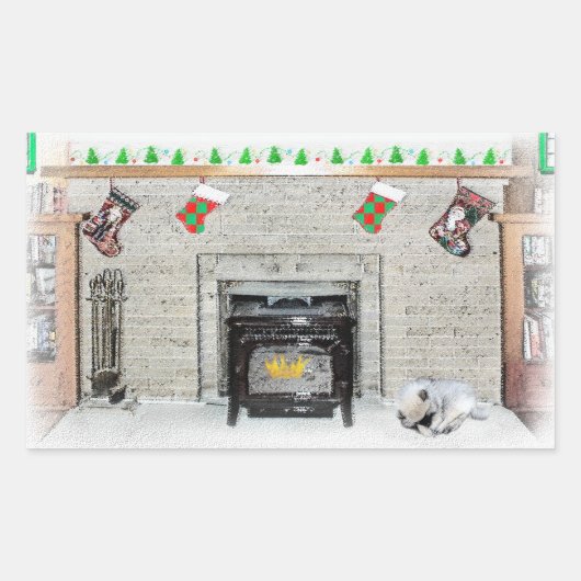 Keeshond met Kerstmis Puppy Dog met Fireplace Pain Rechthoekige Sticker (Voorkant)