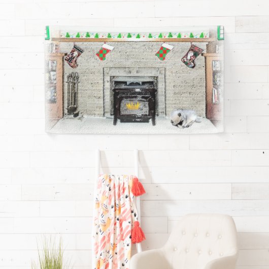 Keeshond met Kerstmis Puppy Dog met Fireplace Pain Spandoek (Insitu)