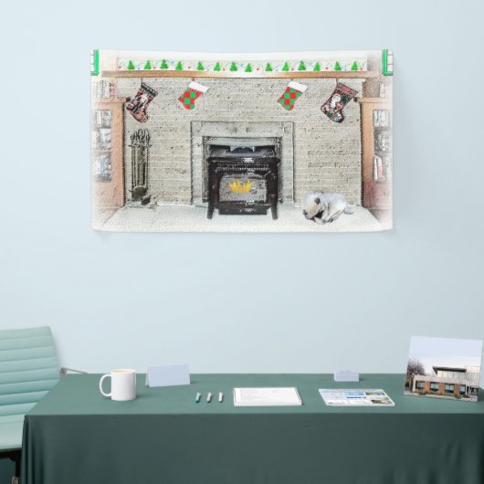 Keeshond met Kerstmis Puppy Dog met Fireplace Pain Spandoek (Beurs)