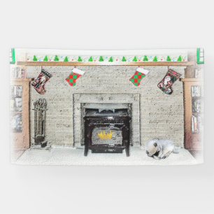 Keeshond met Kerstmis Puppy Dog met Fireplace Pain Spandoek