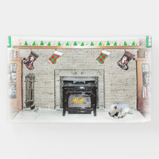 Keeshond met Kerstmis Puppy Dog met Fireplace Pain Spandoek (Horizontaal)