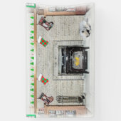 Keeshond met Kerstmis Puppy Dog met Fireplace Pain Spandoek (Verticaal)