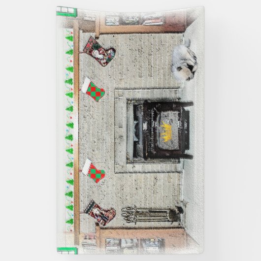 Keeshond met Kerstmis Puppy Dog met Fireplace Pain Spandoek (Verticaal)