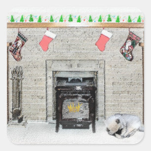 Keeshond met Kerstmis Puppy Dog met Fireplace Pain Vierkante Sticker