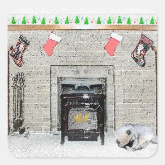 Keeshond met Kerstmis Puppy Dog met Fireplace Pain Vierkante Sticker (Voorkant)