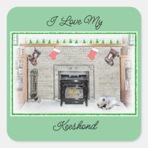 Keeshond met Kerstmis Puppy Dog met Fireplace Pain Vierkante Sticker