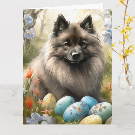 Keeshond met paaseieren kaart (Gele Bloem)