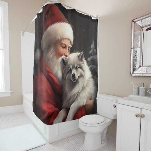 Keeshond Met Sinterklaas Feestelijke Kerstmis Douchegordijn (In situ)