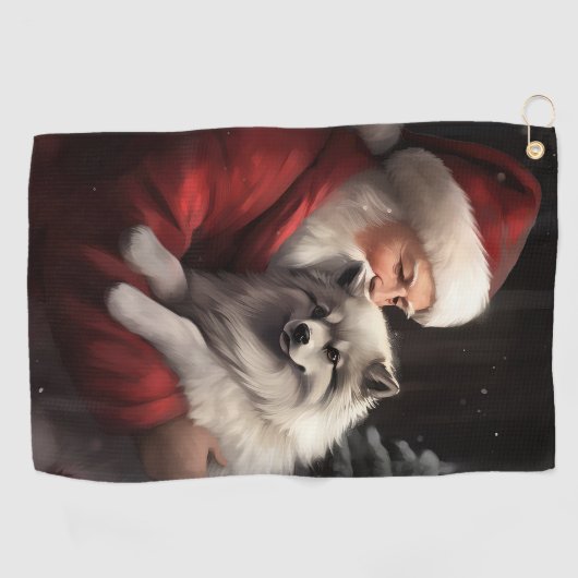 Keeshond Met Sinterklaas Feestelijke Kerstmis Golfhanddoek (Horizontaal)