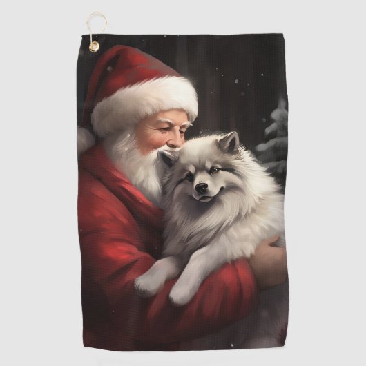 Keeshond Met Sinterklaas Feestelijke Kerstmis Golfhanddoek (Voorkant)