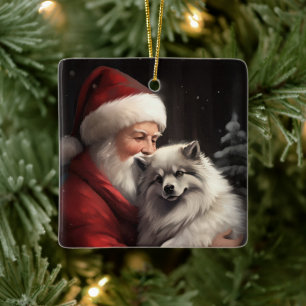 Keeshond Met Sinterklaas Feestelijke Kerstmis Keramisch Ornament