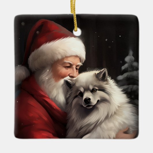 Keeshond Met Sinterklaas Feestelijke Kerstmis Keramisch Ornament (Voorkant)