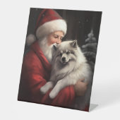 Keeshond Met Sinterklaas Feestelijke Kerstmis Reclamebord Met Voetstuk (Voorkant)